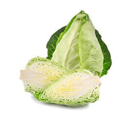 Fresh green pointed cabbage with slices isolated on transparent background. PNG