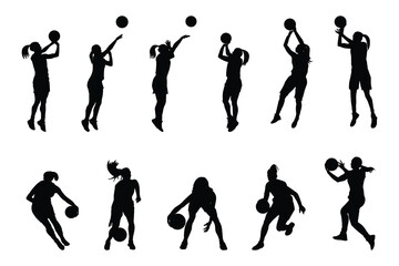 Women Basketball Player Silhouettes. basketball players isolated vector illustration. slamdunk style basketball player silhouette vector illustration. Good for sport graphic resources.