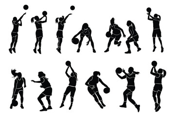 Women Basketball Player Silhouettes. basketball players isolated vector illustration. slamdunk style basketball player silhouette vector illustration. Good for sport graphic resources. - obrazy, fototapety, plakaty