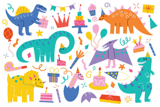 Funny dinosaurs birthday party, hand drawn tyrannosaurus, collection of birthday cakes, doodle hats, kid drawing vector illustrations for greeting cards, invitations, adorable childish raptors set