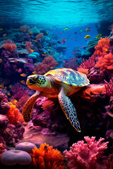 Fototapeta na wymiar A colorful coral reef with sea turtle. Generative AI