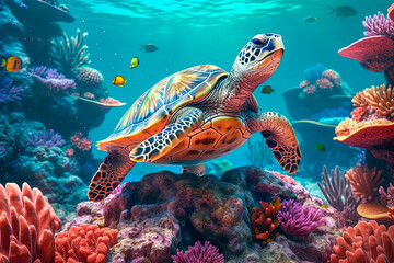 Obraz na płótnie Canvas A colorful coral reef with sea turtle. Generative AI