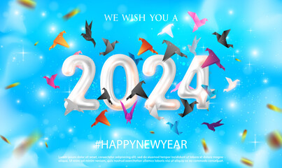 2024 Happy New Year vector holiday with colorful paper birds in blue sky background. Happy New Year 2024 winter holiday greeting card design template. 3D White metallic numbers 2024. Vector EPS10