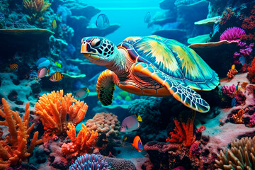 Fototapeta na wymiar A colorful coral reef with sea turtle. Generative AI