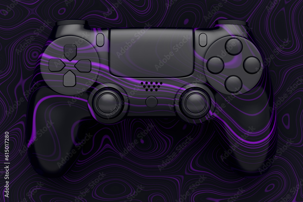 Poster realistic video game joystick with seamless wavy pattern on dark background