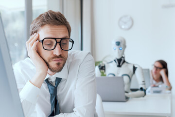 Bored frustrated business people and AI robot