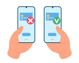 Credit card payment cancellation and approval icon in mobile app. Hands holding smartphone. Banking application. Financial transaction. Money transfer check. Phone screen. Vector concept