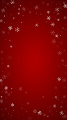 Obraz na płótnie Canvas Falling snowflakes christmas background. Subtle flying snow flakes and stars on christmas red background. Beautifully falling snowflakes overlay. Vertical vector illustration.