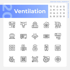 Ventilation linear icons set. Air condition. Hvac system. Indoor air quality. Heating and cooling. Customizable thin line symbols. Isolated vector outline illustrations. Editable stroke