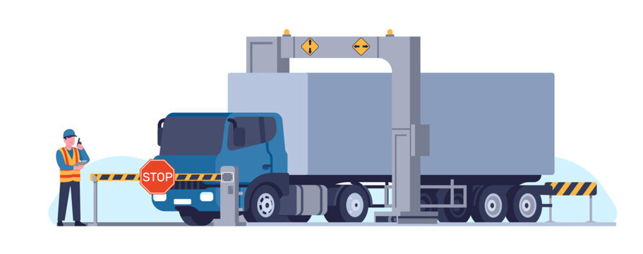 Customs inspector checks truck with state of arc X-ray scanner. Smuggling goods. Worker scanning cargo automobile. Lorry control. Freight transportation and delivery. Vector concept