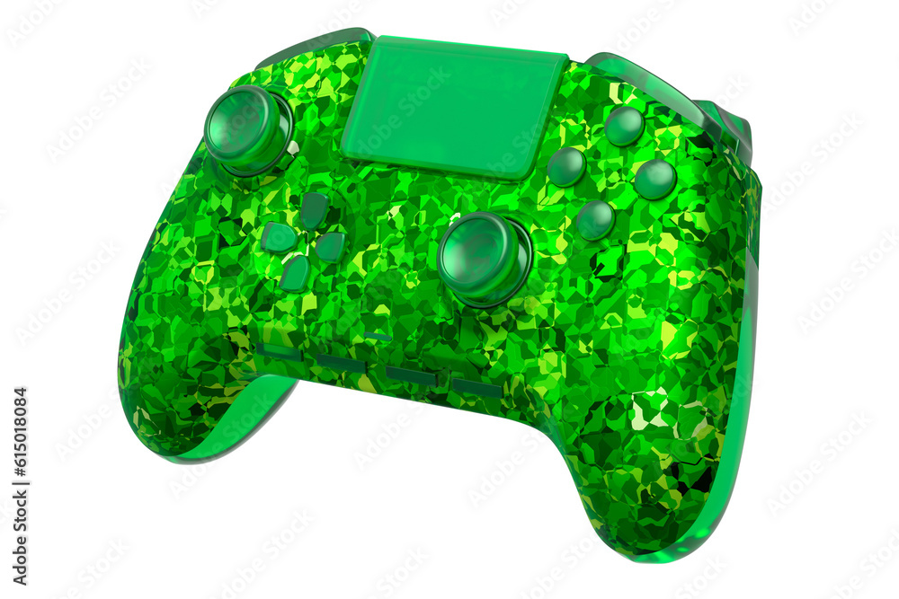Poster realistic video game joystick with mosaic seamless pattern on white background