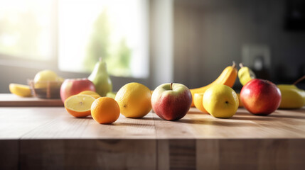 Obraz na płótnie Canvas Fresh fruit in the kitchen on a wooden table. Generative ai.