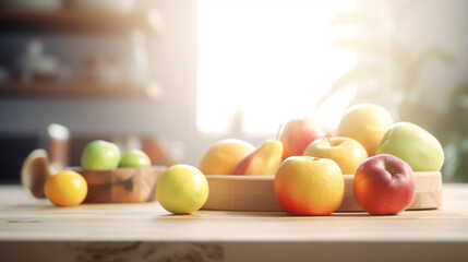 Wicker bowl with apples on table in modern kitchen. Generative ai.
