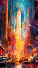 A bold and dramatic abstract cityscape with towering skyscrapers and intense splashes of color, evoking a sense of urban vibrancy and dynamism. Colorful illustration art. Generative AI
