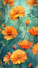 Watercolor Marigold flower illustration. Colorful painting floral background. Generative AI
