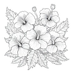 Cute Hibiscus flower in coloring page style illustration. Line art painting. Generative AI