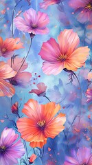 Watercolor Cosmos flower illustration. Colorful painting floral background. Generative AI