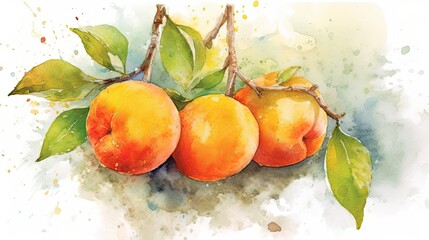 Watercolor style Apricot fruit in colorful style illustration. Natural food painting art. Generative AI