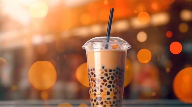 ai generative delicious bubble tea in a take away glass against a bokeh background 