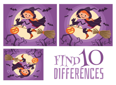 Find 10 differences. Fascinating witch on broomstick. Educational game for kids. Worksheet with correct answer. Brainteaser task. Logic quiz. Halloween sorceress with bats. Vector concept