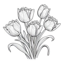 Cute Tulip flower in coloring page style illustration. Line art painting. Generative AI