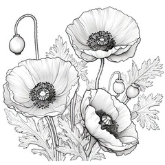 Cute Poppy flower in coloring page style illustration. Line art painting. Generative AI