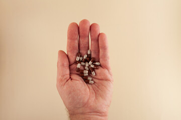 Pancreatin capsules or Creon pills on the palm elderly man, close-up. Pancreatin contains the...