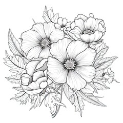 Cute Cosmos flower in coloring page style illustration. Line art painting. Generative AI