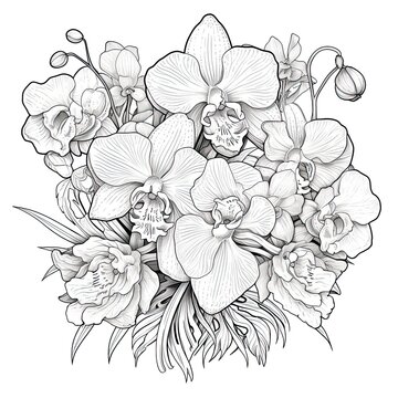 Cute Orchid flower in coloring page style illustration. Line art painting. Generative AI