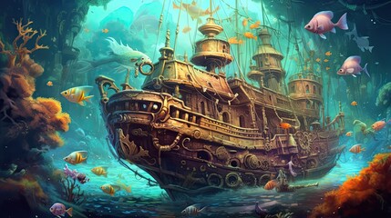Naklejka premium An underwater shipwreck with schools of colorful fish and hidden treasure. Colorful illustration art. Generative AI