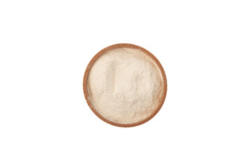 Xanthan Gum Powder in wooden bowl on white background, top view. Food additive E415. Used in food industry and cosmetics