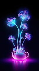 Neon light Lily of the Valley blooming flower. Modern greeting card floral design with glow light flower. Generative AI