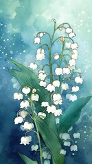 Watercolor Lily of the Valley flower illustration. Colorful painting floral background. Generative AI