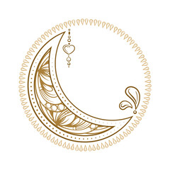 Golden cresent moon temporary tattoo. Ethnic style vector graphic.