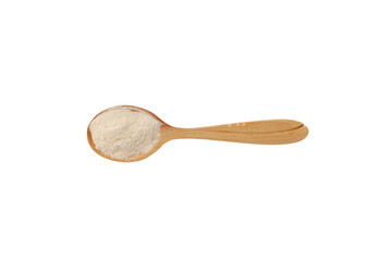 Xanthan Gum Powder in wooden spoon on white background. Food additive E415. Binding agent, Gluten free ingredient. Texture improver. Stabiliser and Thickener
