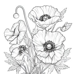 Cute Poppy flower in coloring page style illustration. Line art painting. Generative AI
