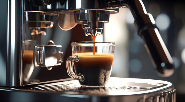 The coffee machine prepares the hot coffee, ai generative.