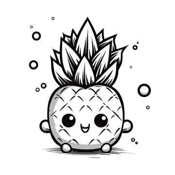 Kawaii style Pineapple fruit character in coloring page style illustration. Line art painting. Generative AI