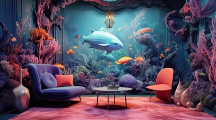 A whimsical underwater scene with vibrant coral reefs and playful dolphins. Colorful illustration art. Generative AI