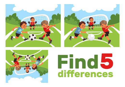 Find 5 differences. Educational game for children. Kids play football at sport playground. Worksheet with correct answer. Soccer match. Brainteaser task. Puzzle page design. Vector concept