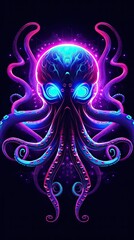 Neon light Octopus animal on black background. Portrait of glow light animal. Generative AI