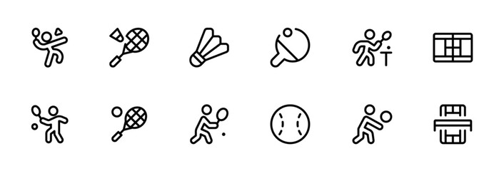 Badminton icon, sports games icon vector set design with Editable Stroke. Line, Solid, Flat Line, thin style and Suitable for Web Page, Mobile App, UI, UX design.

