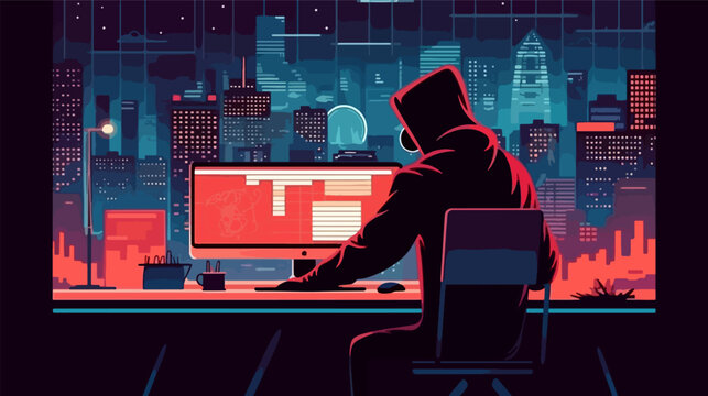 Business concept illustration of a hacker behind desktop computer. Illustration of a hacker