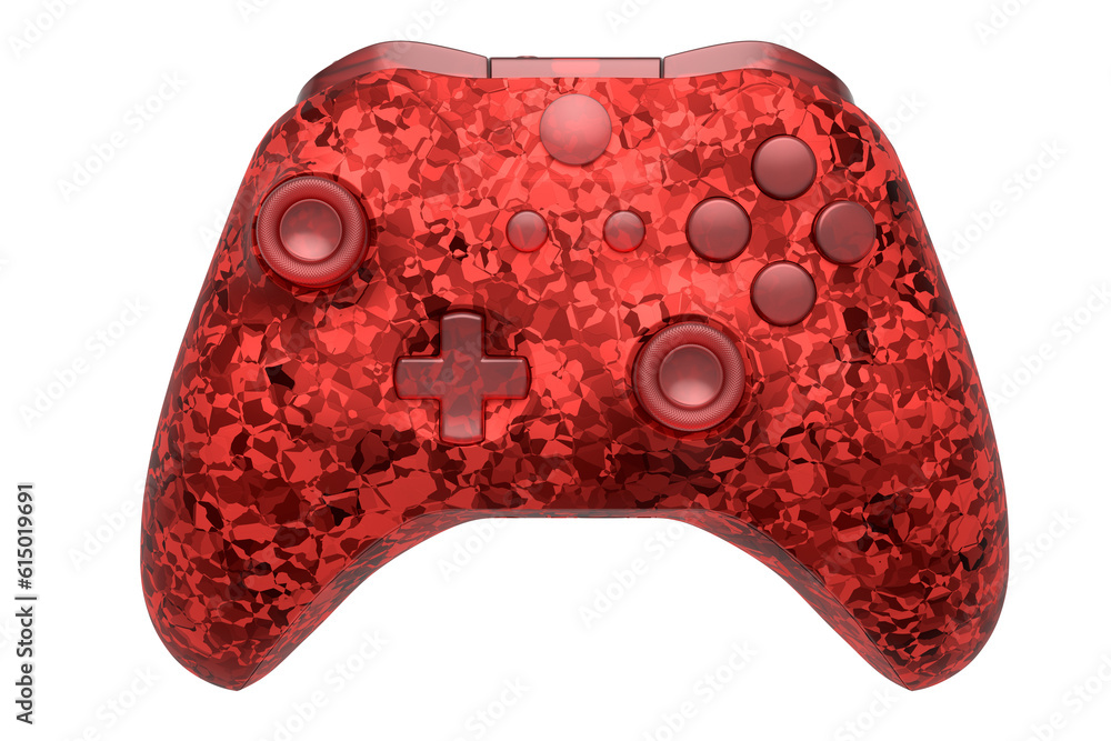 Poster realistic video game joystick with mosaic seamless pattern on white background