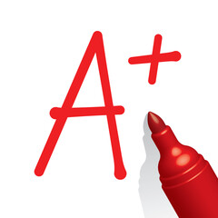 A plus grade paper, red pen, vector illustration 