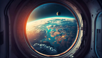 View from a porthole of space station on the Earth background. Generative AI