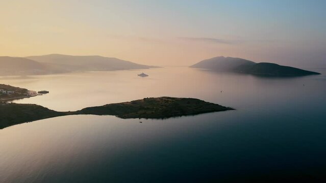 Sunrise on the sea horizon aerial drone view Bodrum in Mugla province, Turkey