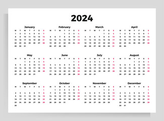 Calendar poster for 2024. Vector horizontal template A4 format.