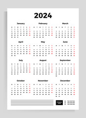 Calendar poster for 2024. Vector vertical template A4 format.