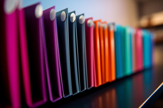 A row of file folders organized in a file holder, flat view, blurred background Generative AI